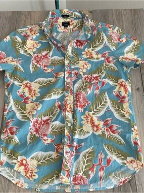 J. Crew Mens Hawaiian Floral Slim Fit Short Sleeve Button Shirt Flex Washed M
